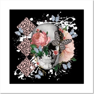 FLORAL SKULL LEOPARD PRINT PAINT SLASH BUTTERFLIES Posters and Art